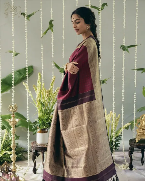 Cherry_Marron_Banarasi_Silk_Saree_With_Blouse_Piece_For_Women