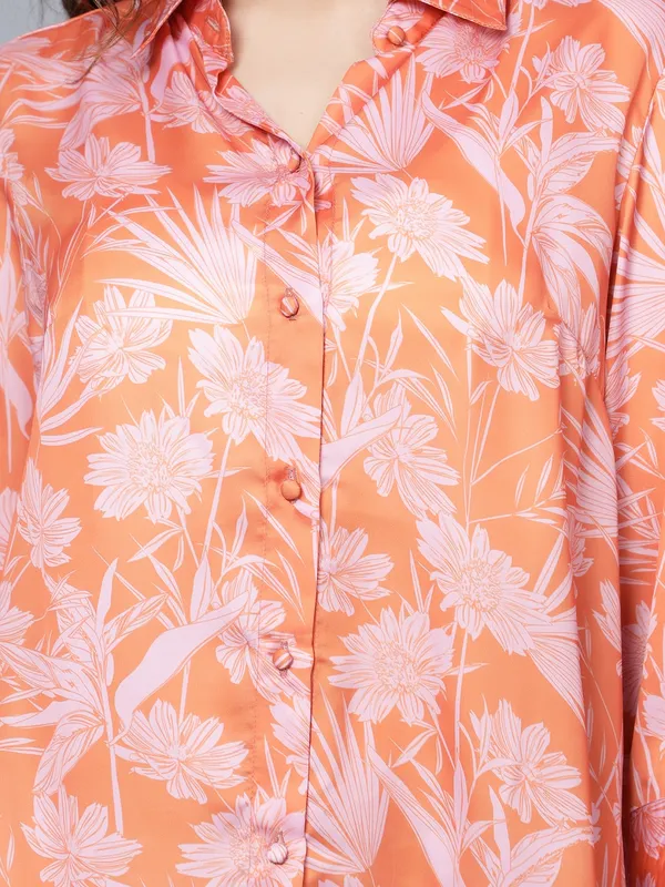 Orange_Satin_3/4th_Sleeve_Printed_Relaxed_Fit_Long_Shirt_For_Women