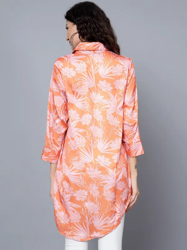 Orange_Satin_3/4th_Sleeve_Printed_Relaxed_Fit_Long_Shirt_For_Women