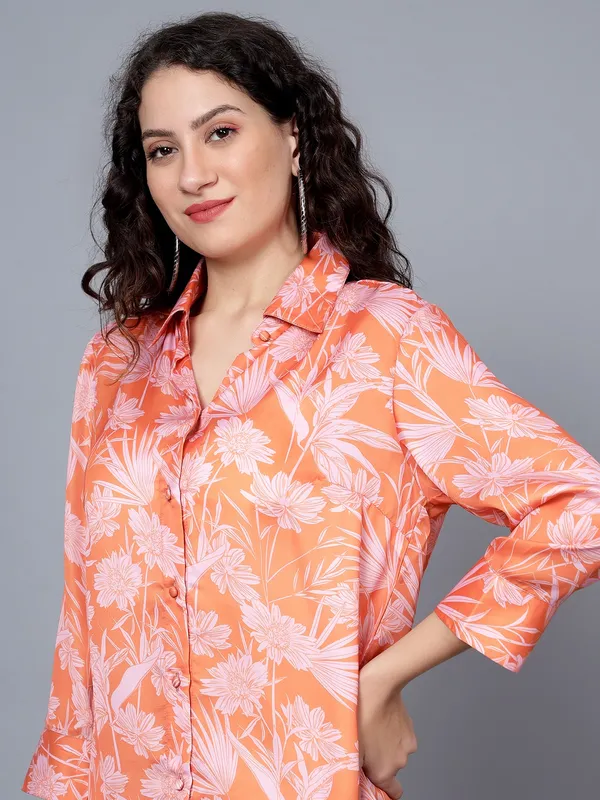 Orange_Satin_3/4th_Sleeve_Printed_Relaxed_Fit_Long_Shirt_For_Women