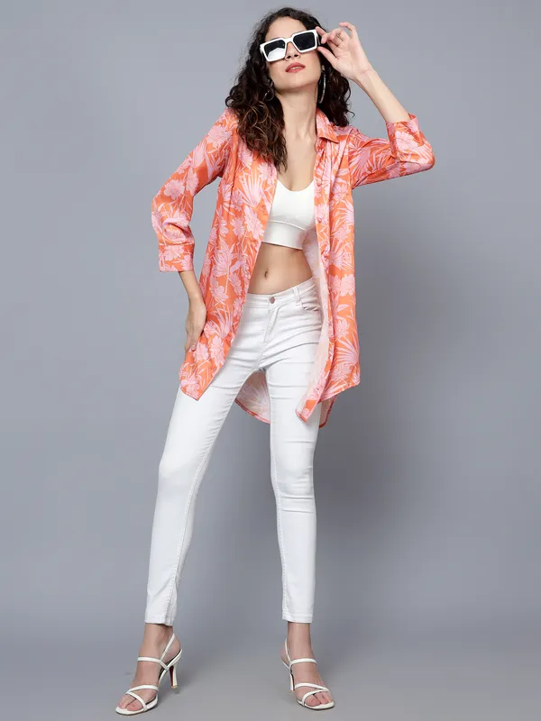 Orange_Satin_3/4th_Sleeve_Printed_Relaxed_Fit_Long_Shirt_For_Women