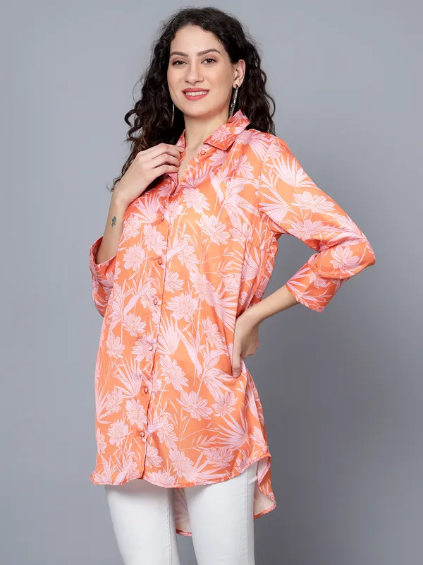 Orange_Satin_3/4th_Sleeve_Printed_Relaxed_Fit_Long_Shirt_For_Women