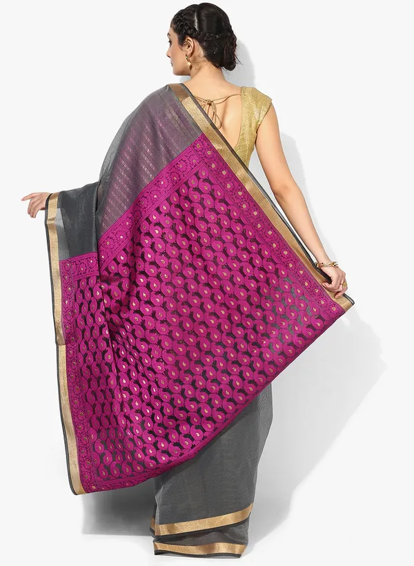 Grey_Silk_Blend_Banarasi_Sarees_For_Women