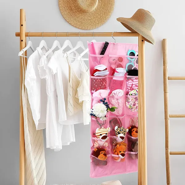 Pack_of_1_Double_Sided_30_Pockets_Clear_Hanging_Bag_Socks_Bra_Underwear_Rack_Hanger_Storage_Organizer_Wall_Hanging_Closet_Shelves_Storage_Pockets_Non_Woven_Matrial_(Baby_Pink