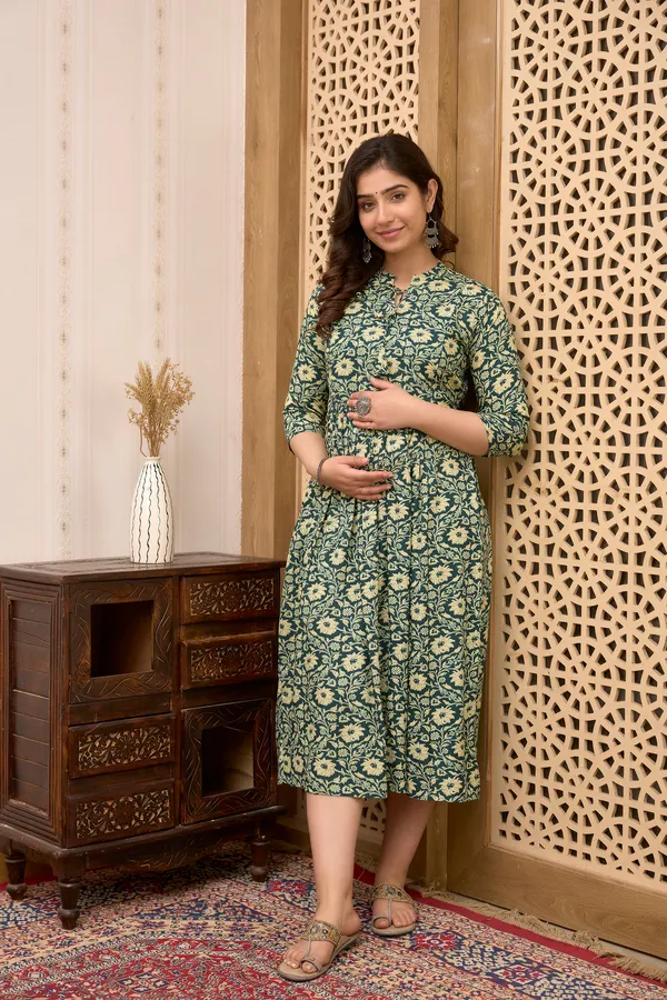 Classic_Rayon_Printed_Maternity_&_Nursing_Green_Dress