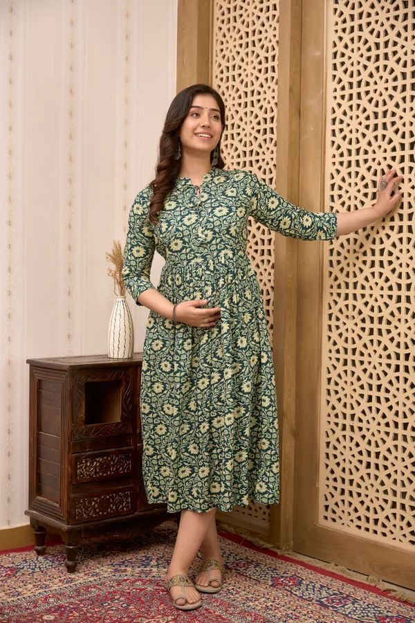Classic_Rayon_Printed_Maternity_&_Nursing_Green_Dress