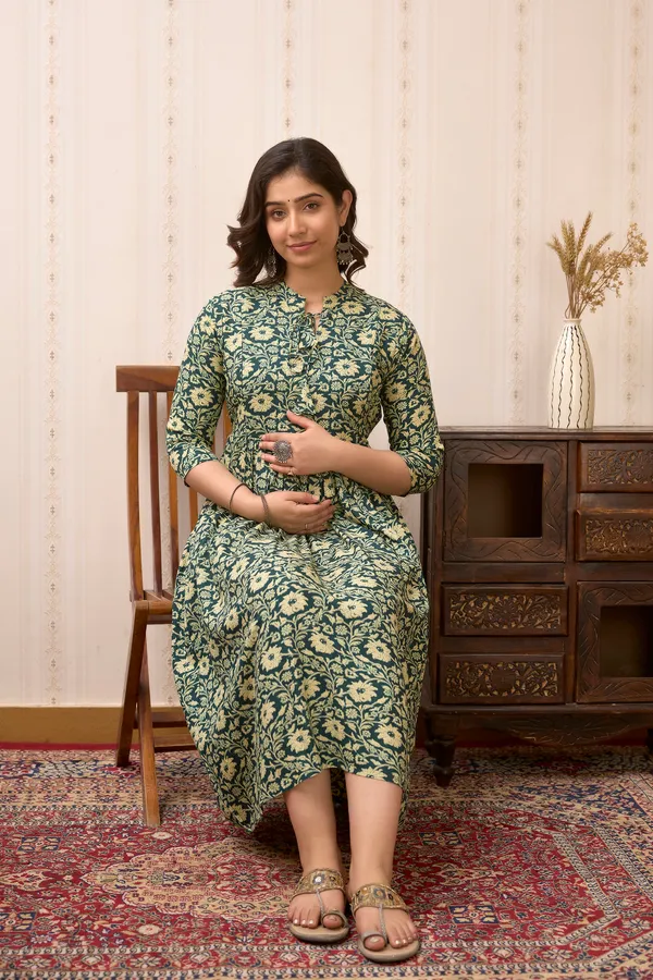 Classic_Rayon_Printed_Maternity_&_Nursing_Green_Dress
