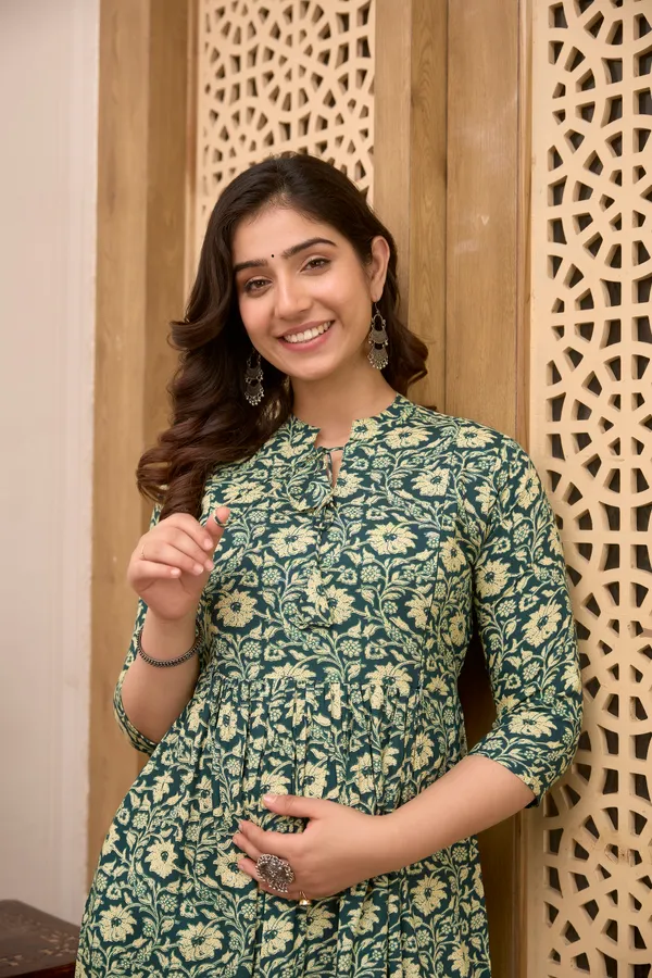 Classic_Rayon_Printed_Maternity_&_Nursing_Green_Dress