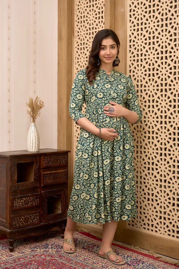 Classic_Rayon_Printed_Maternity_&_Nursing_Green_Dress