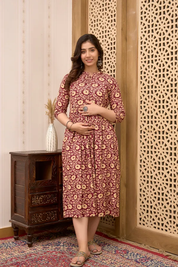 Classic_Rayon_Printed_maternity_&_Nursing_Maroon_Dress