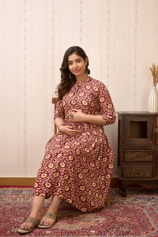 Classic_Rayon_Printed_maternity_&_Nursing_Maroon_Dress