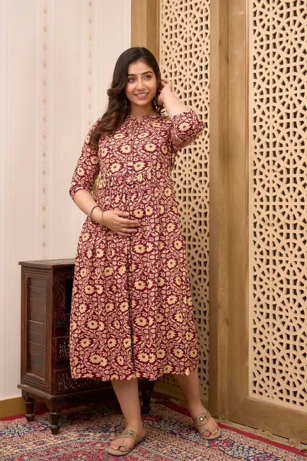 Classic_Rayon_Printed_maternity_&_Nursing_Maroon_Dress