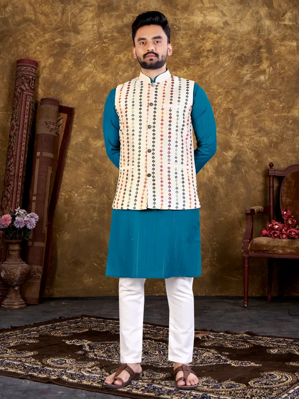 Classy_Blue_Embroidry_Work_Kurta_Sets_For_Men__With_Modi/Nehru_Jacket