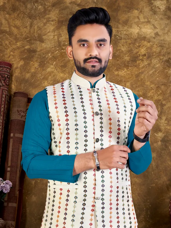 Classy_Blue_Embroidry_Work_Kurta_Sets_For_Men__With_Modi/Nehru_Jacket
