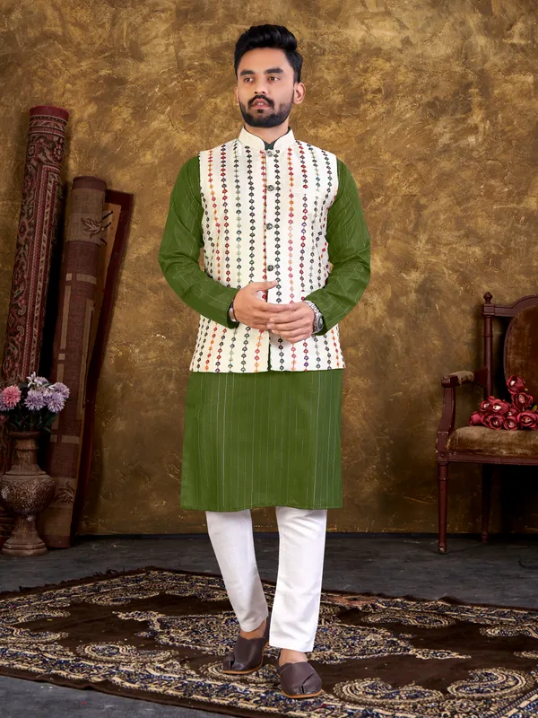 Classy_Green_Embroidery_Work_With_Cotton_Kurta_Sets__With_Modi/Nehru_Jacket