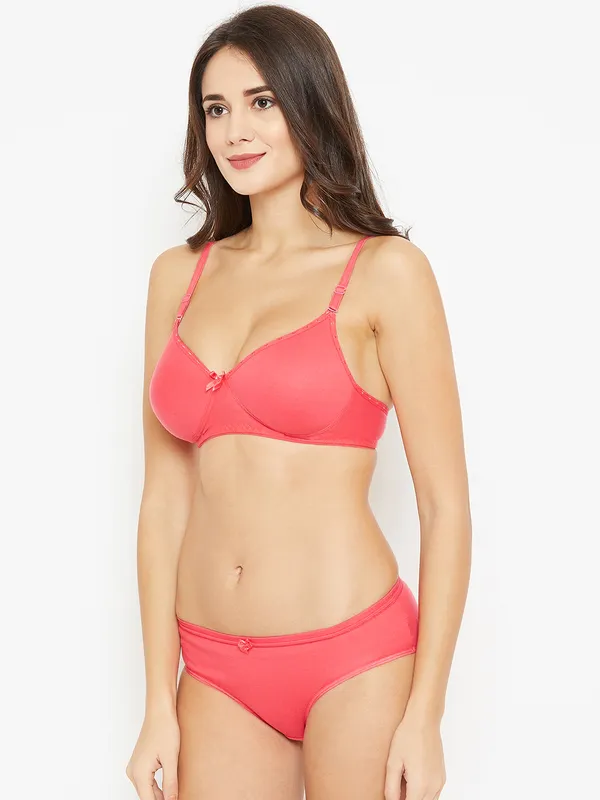 Coral_Padded_T-Shirt_Bra_Panty_Set_For_Women