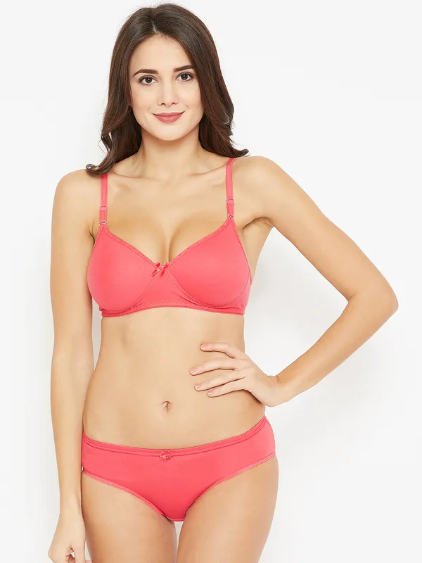 Coral_Padded_T-Shirt_Bra_Panty_Set_For_Women