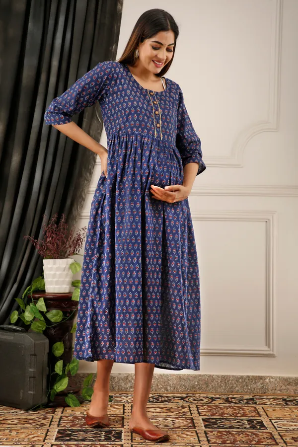 Cotton_Blue_Butti_Printed_Maternity_Dress