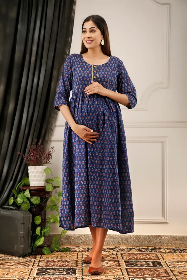 Cotton_Blue_Butti_Printed_Maternity_Dress