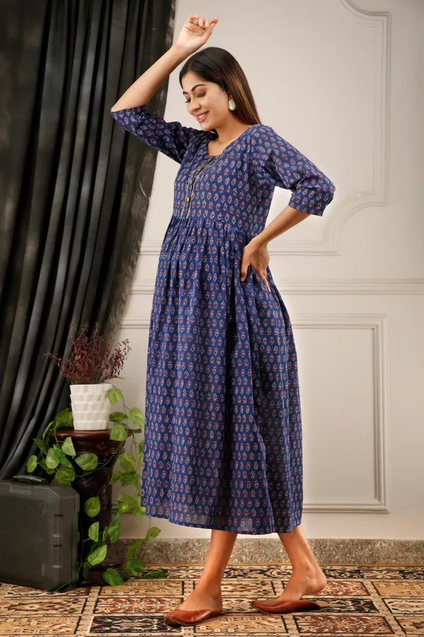 Cotton_Blue_Butti_Printed_Maternity_Dress