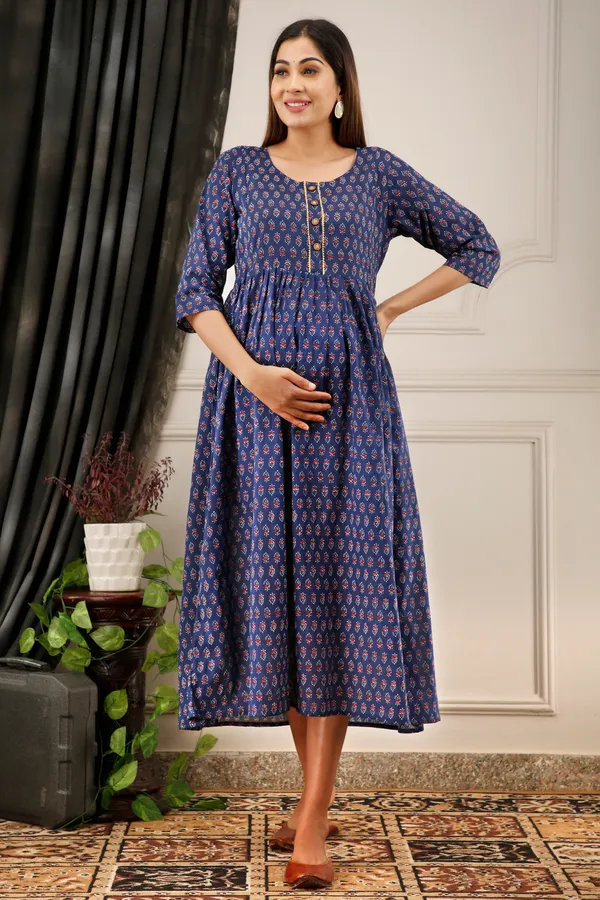 Cotton_Blue_Butti_Printed_Maternity_Dress