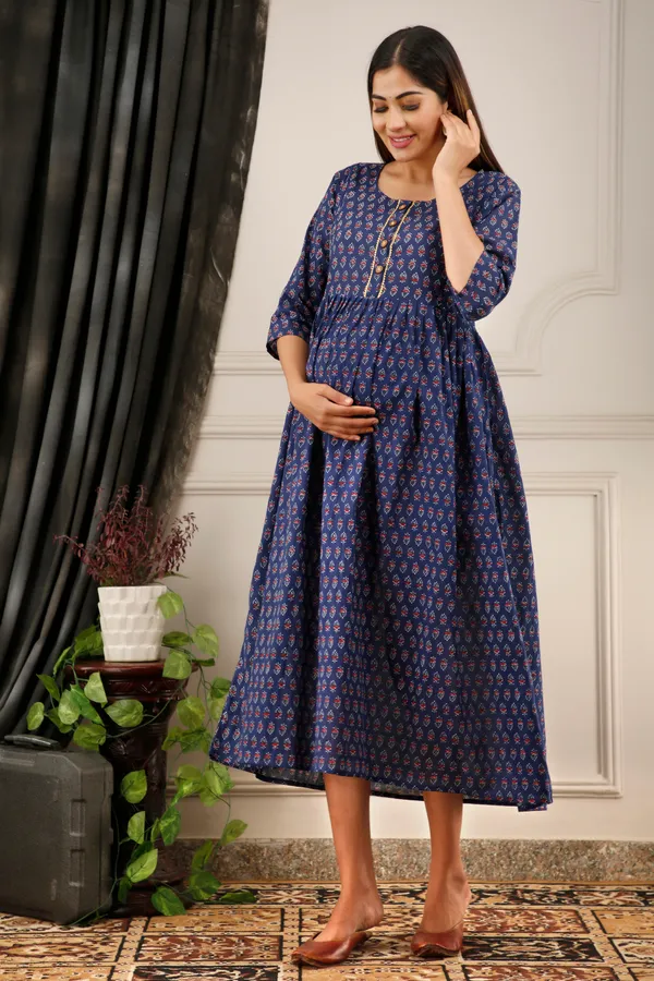 Cotton_Blue_Butti_Printed_Maternity_Dress