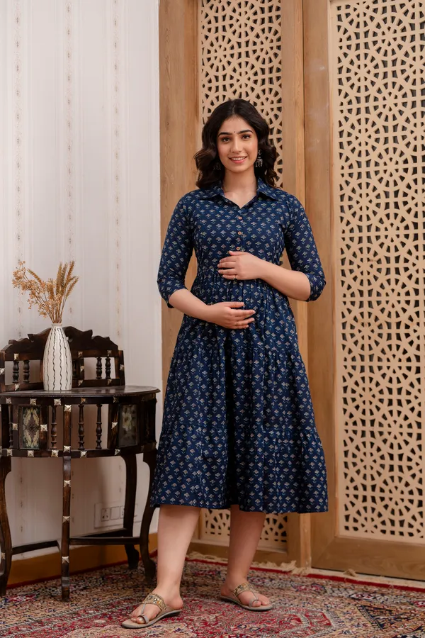 Cotton_Blue_Butti_Shirs_Coller_Maternity_&_Nursing_3_Tyer_Dress