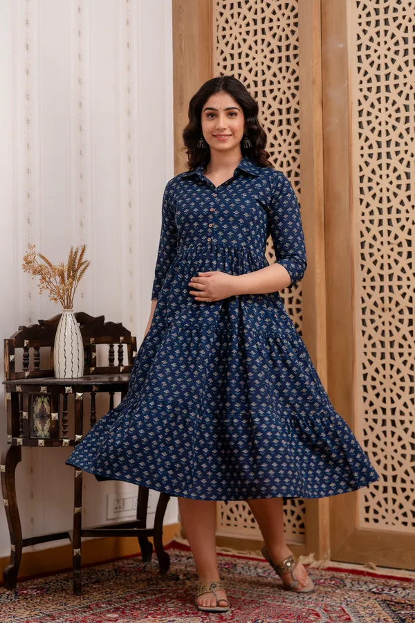 Cotton_Blue_Butti_Shirs_Coller_Maternity_&_Nursing_3_Tyer_Dress
