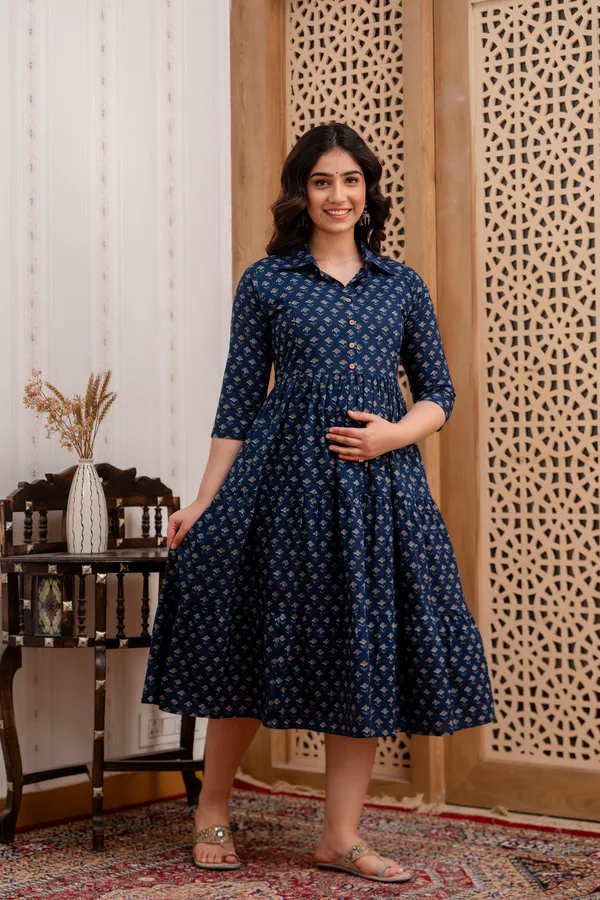 Cotton_Blue_Butti_Shirs_Coller_Maternity_&_Nursing_3_Tyer_Dress