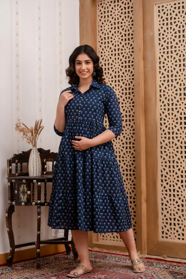 Cotton_Blue_Butti_Shirs_Coller_Maternity_&_Nursing_3_Tyer_Dress