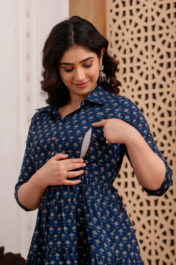 Cotton_Blue_Butti_Shirs_Coller_Maternity_&_Nursing_3_Tyer_Dress