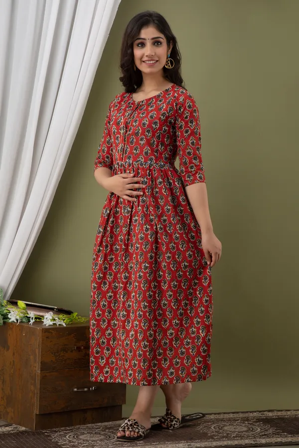 Cotton_Butti_Printed_Maroon_Maternity_Kurti