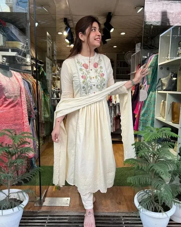 White_Cotton_Embroidered_Regular_Fit_Solid_Kurta,_Pant_And_Dupatta_Set_For_Women