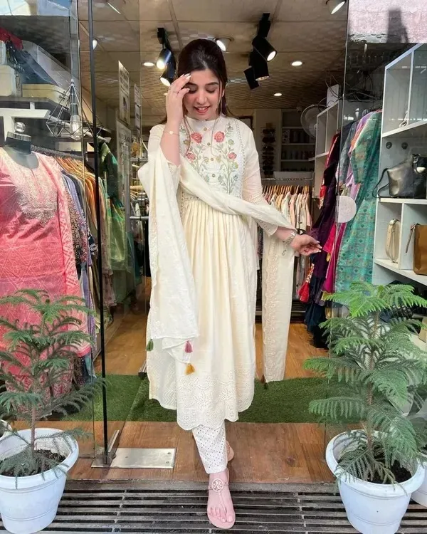 White_Cotton_Embroidered_Regular_Fit_Solid_Kurta,_Pant_And_Dupatta_Set_For_Women