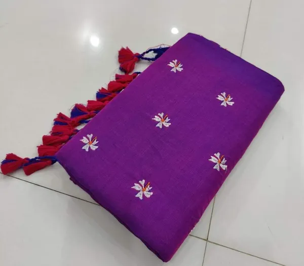 Purple_Cotton_Embroidery_Shiuli_Design_Saree