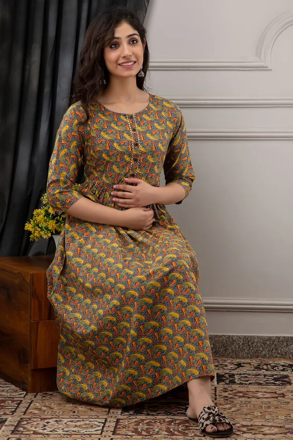 Maternity_Cotton_Feeding_Printed_Green_Dress