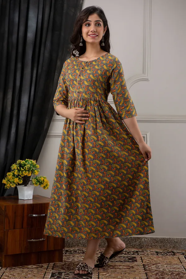 Maternity_Cotton_Feeding_Printed_Green_Dress