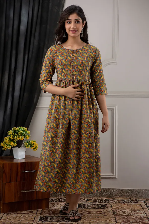 Maternity_Cotton_Feeding_Printed_Green_Dress