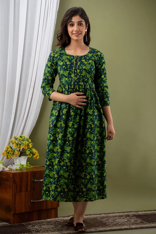 Cotton_Flower_Printed_Maternity_Green_Kurti