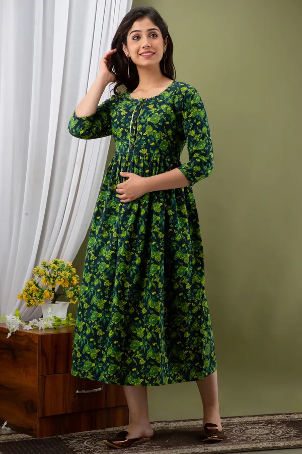 Cotton_Flower_Printed_Maternity_Green_Kurti