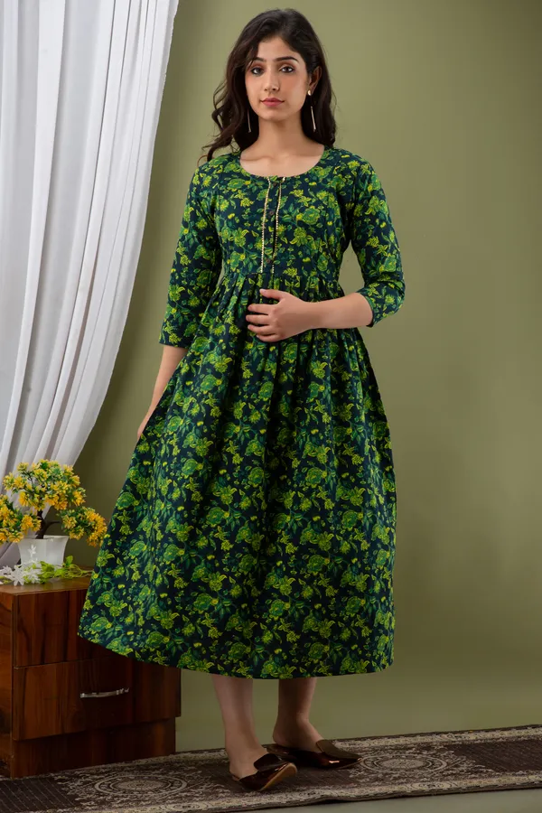 Cotton_Flower_Printed_Maternity_Green_Kurti