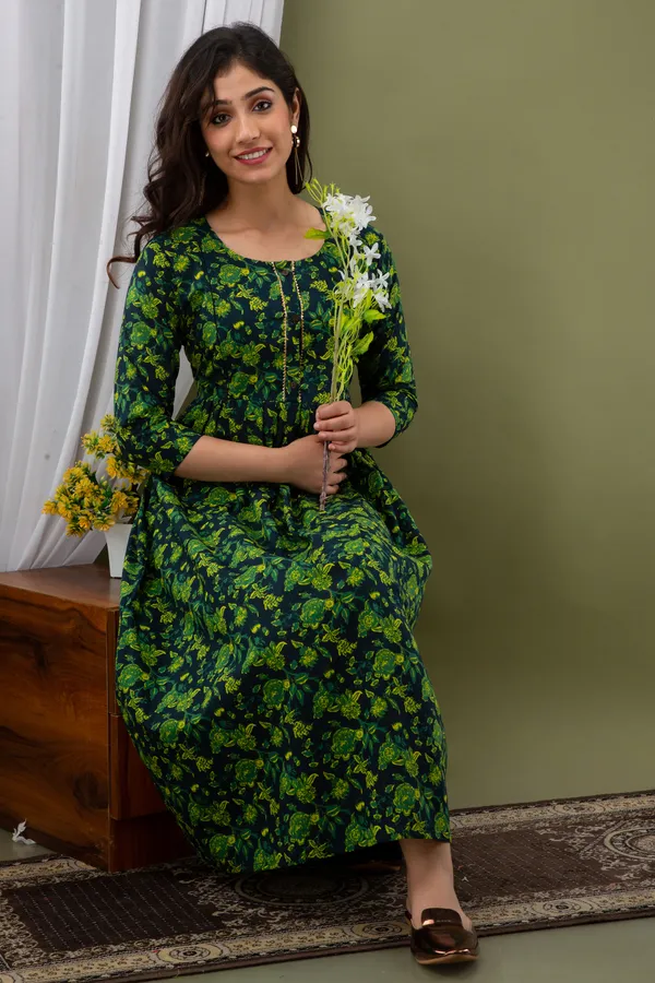 Cotton_Flower_Printed_Maternity_Green_Kurti