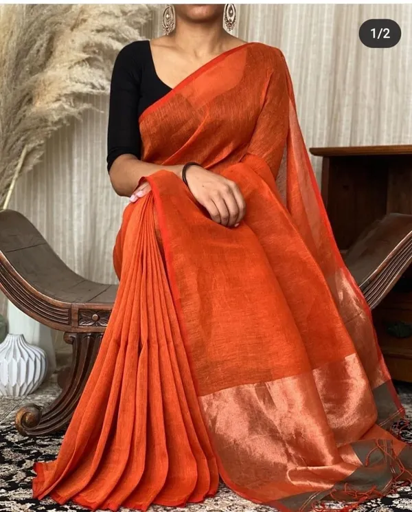 Orange_Cotton_Handloom_Pallu_Zari_Work_Saree_With_Blouse_Piece