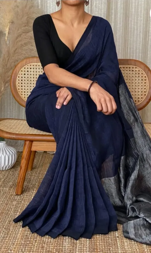 Dark_Blue_Cotton_Handloom_Pallu_Zari_Work_Saree_With_Blouse_Piece