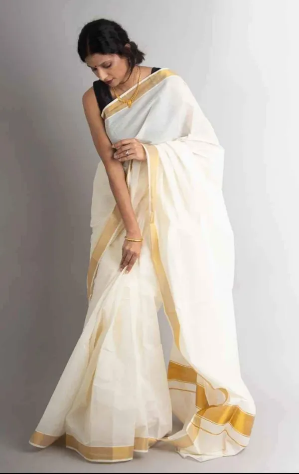 White_Cotton_Kasavu_Handloom_Saree_With_Blouse_Piece