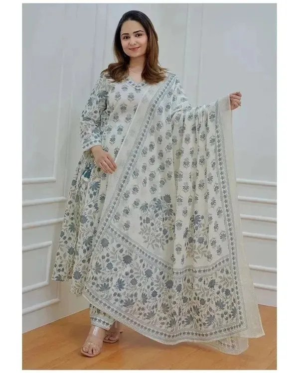 Grey_Cotton_Kurta_with_Afghani_Pant_&_Dupatta_For_Women
