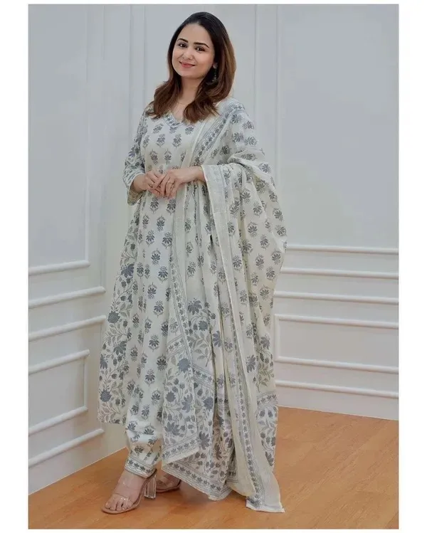 Grey_Cotton_Kurta_with_Afghani_Pant_&_Dupatta_For_Women