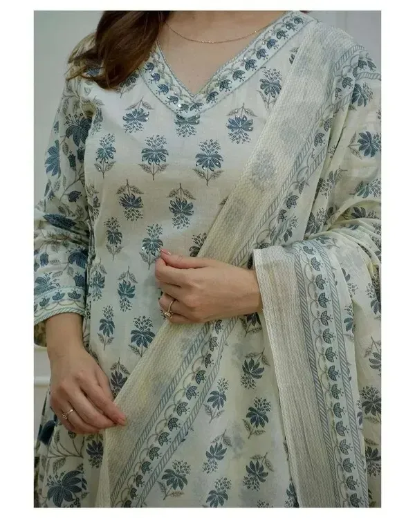 Grey_Cotton_Kurta_with_Afghani_Pant_&_Dupatta_For_Women