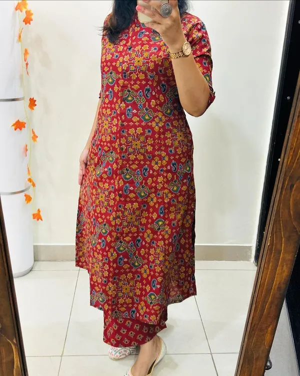 Red_Cotton_Kurta_And_Pant_Co-Ord_Set_For_Women