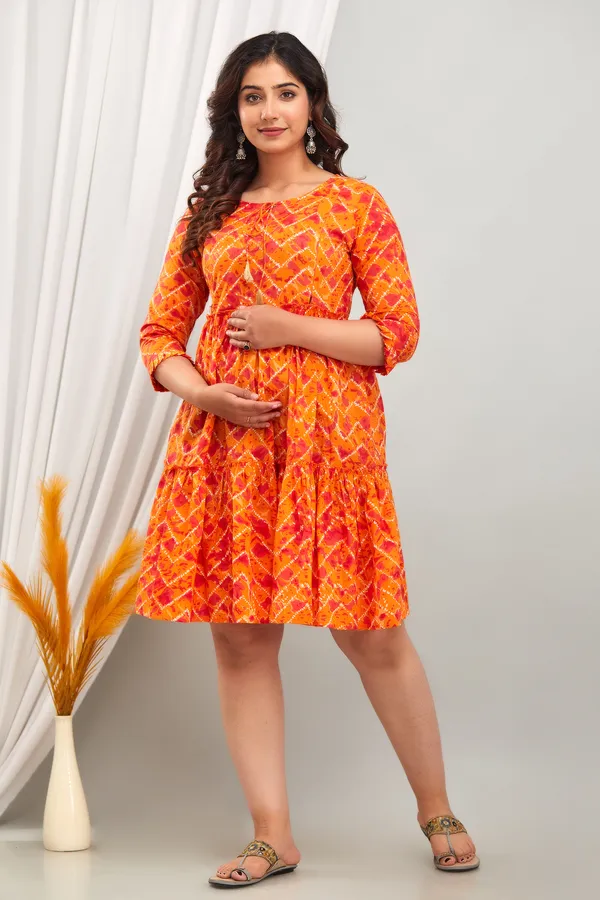 Maternity_Cotton_Orange_Printed_Short_Feeding_Dress